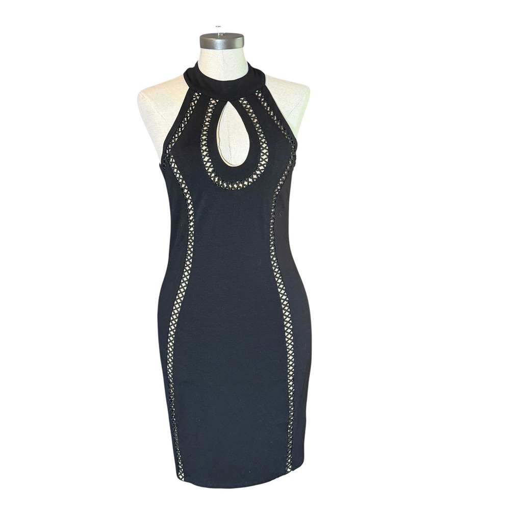 Stella Luce Black Halter Keyhole Bodycon Dress with Lattice Trim L